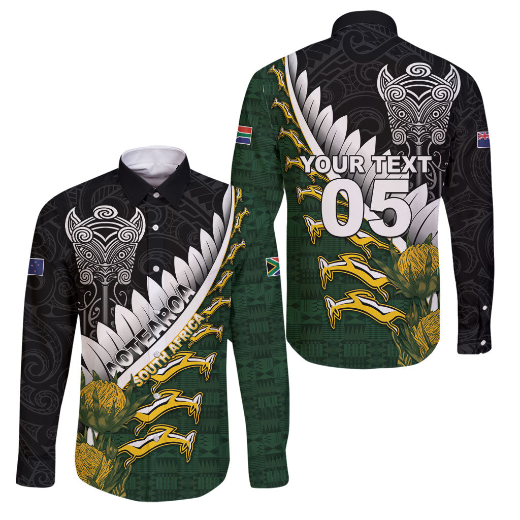 Custom Rugby New Zealand And South Africa Family Matching Off The Shoulder Long Sleeve Dress and Hawaiian Shirt Silver Fern With Springboks