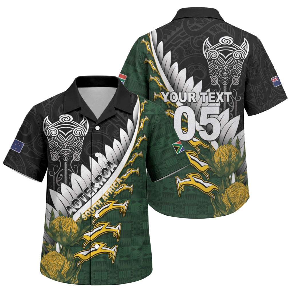 Custom Rugby New Zealand And South Africa Family Matching Off The Shoulder Long Sleeve Dress and Hawaiian Shirt Silver Fern With Springboks