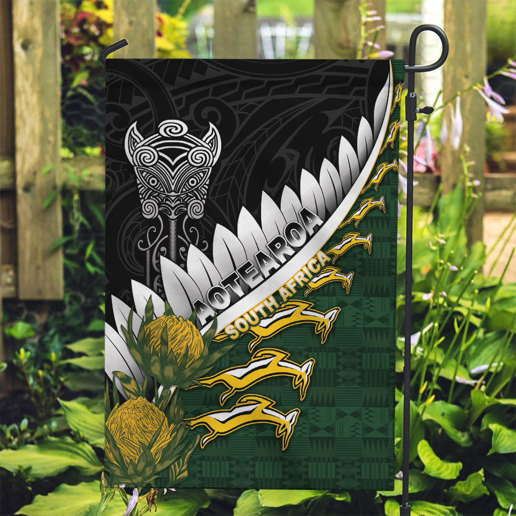 Rugby New Zealand And South Africa Garden Flag Silver Fern With Springboks LT05 Garden Flag Black - Polynesian Pride