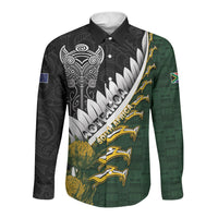 Custom Rugby New Zealand And South Africa Long Sleeve Button Shirt Silver Fern With Springboks