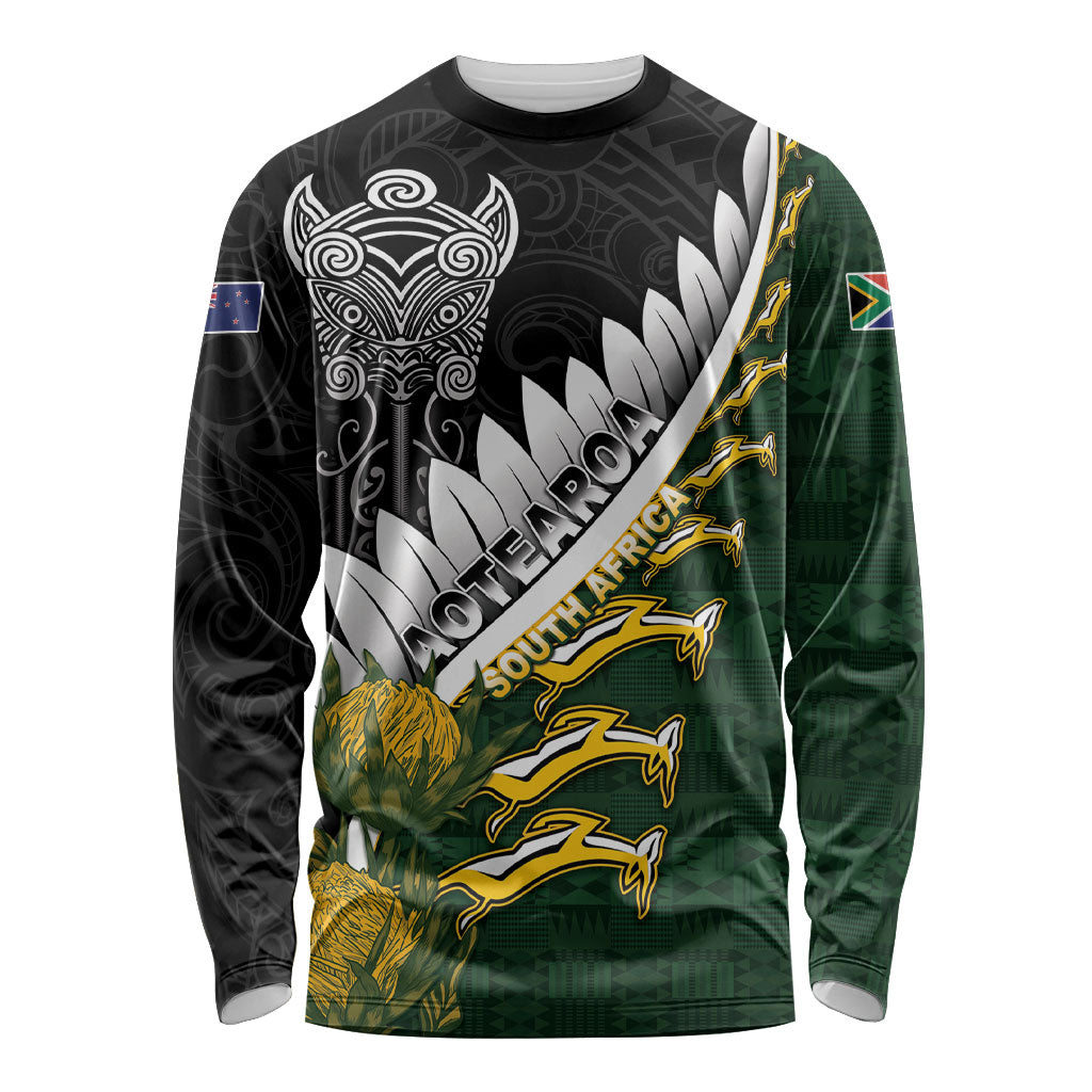 Custom Rugby New Zealand And South Africa Long Sleeve Shirt Silver Fern With Springboks