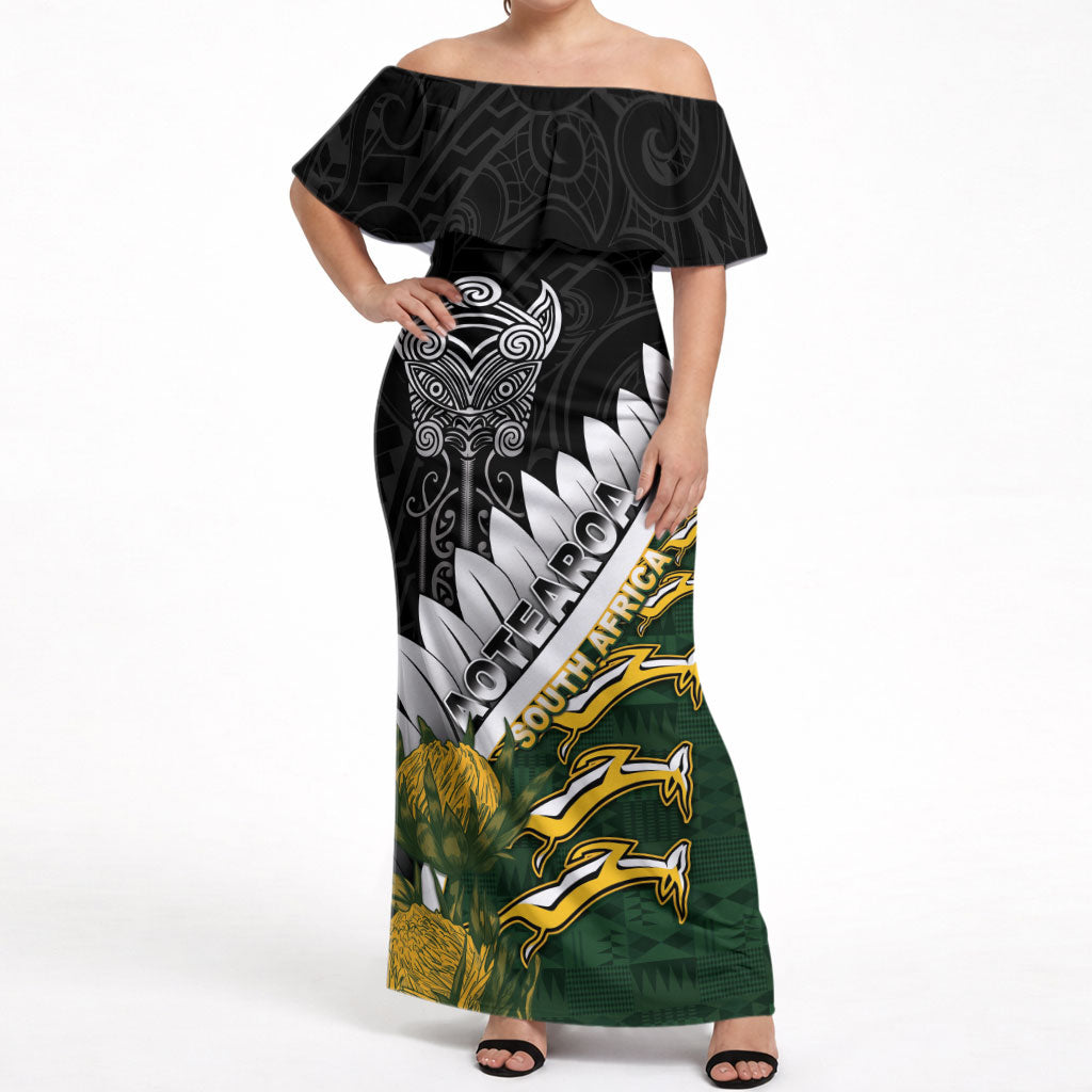 Custom Rugby New Zealand And South Africa Off Shoulder Maxi Dress Silver Fern With Springboks