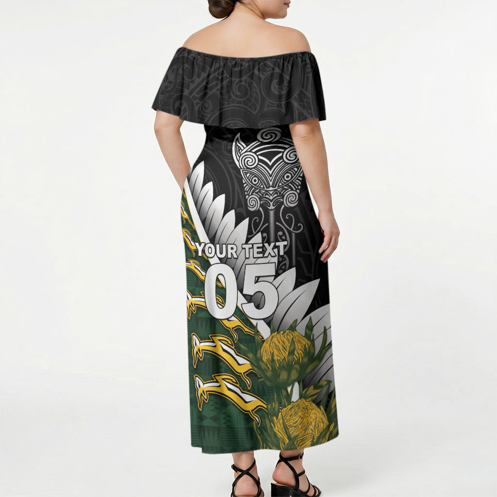 Custom Rugby New Zealand And South Africa Off Shoulder Maxi Dress Silver Fern With Springboks