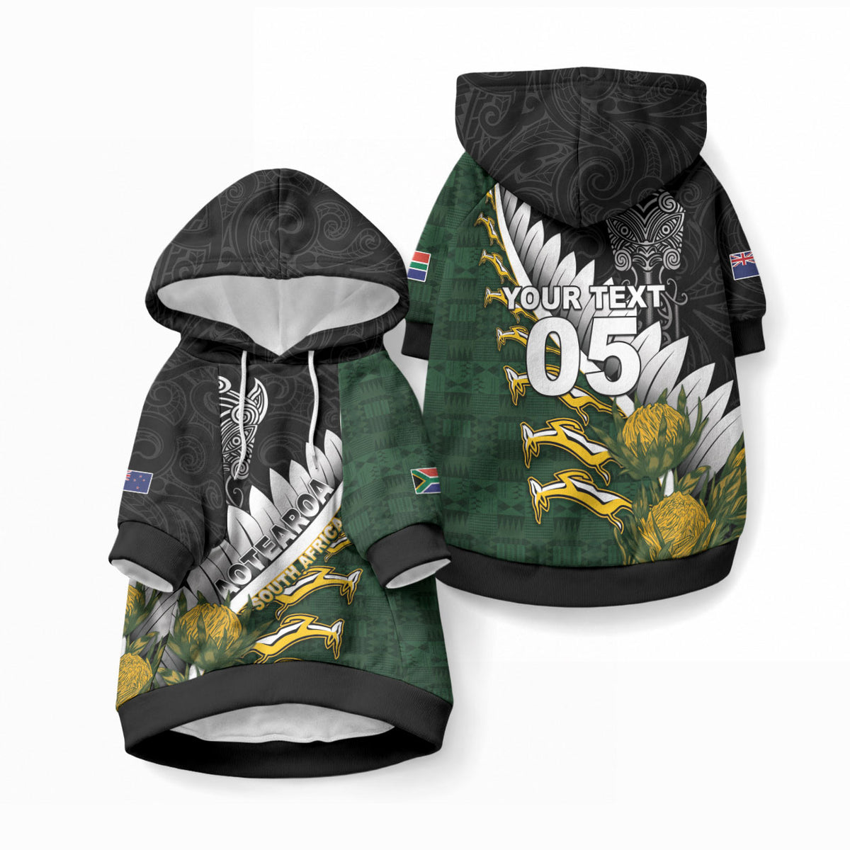 Custom Rugby New Zealand And South Africa Pet Hoodie Silver Fern With Springboks