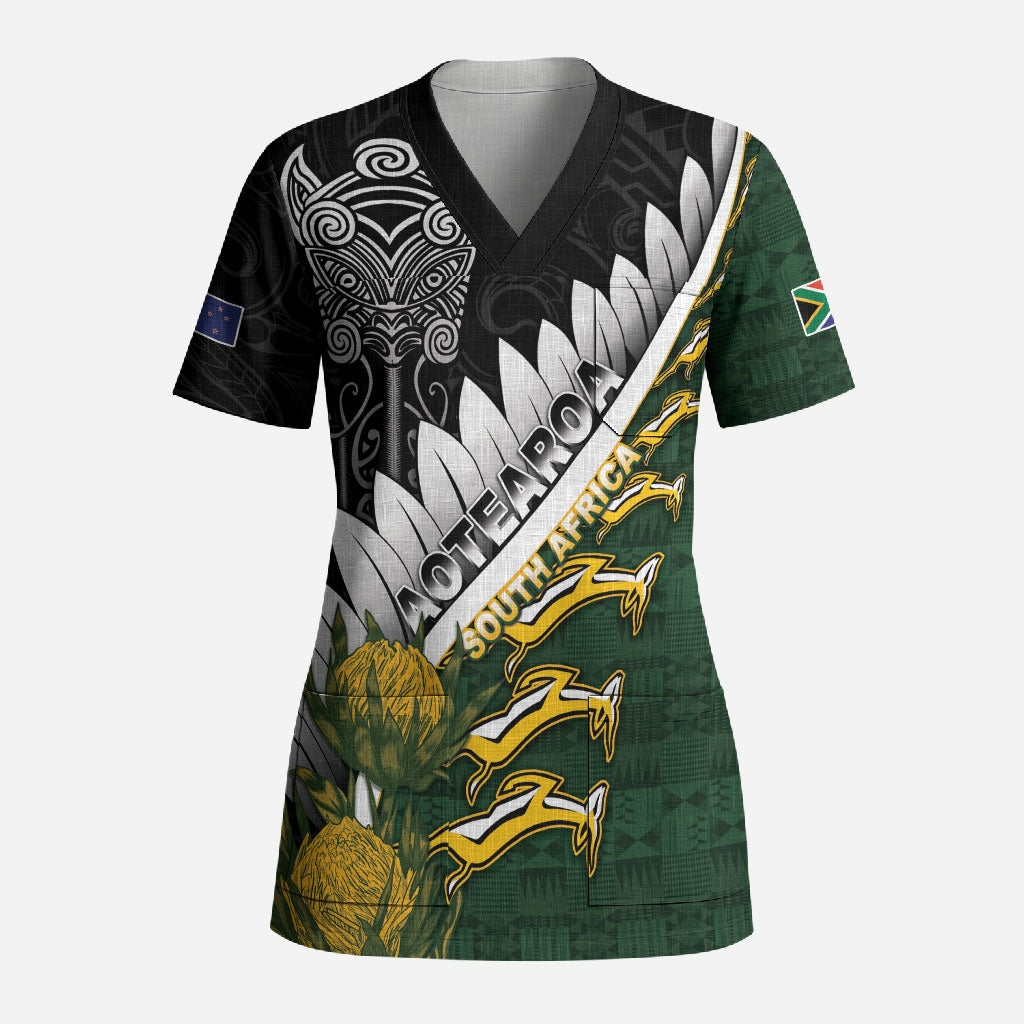 Custom Rugby New Zealand And South Africa Scrub Top Silver Fern With Springboks
