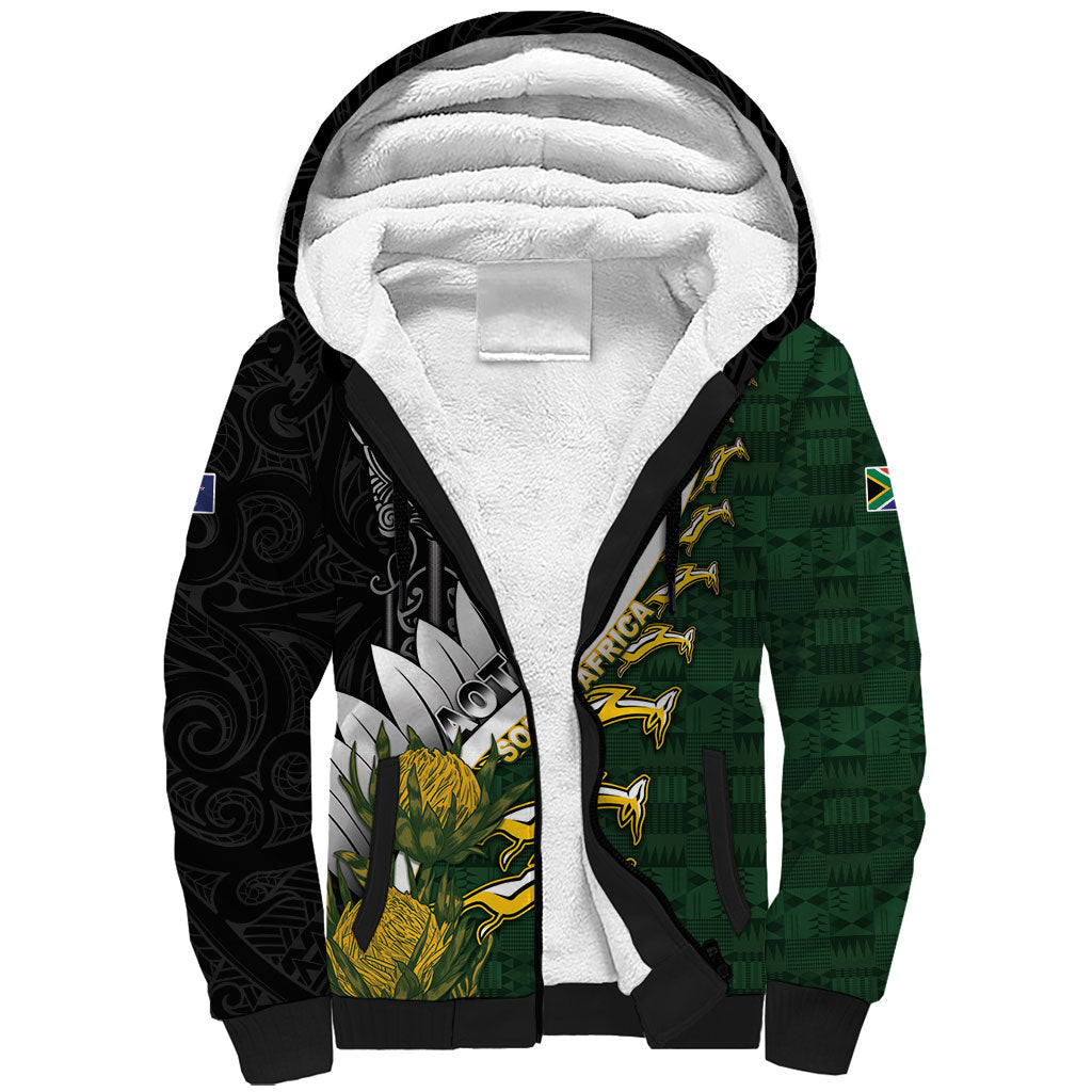 Custom Rugby New Zealand And South Africa Sherpa Hoodie Silver Fern With Springboks