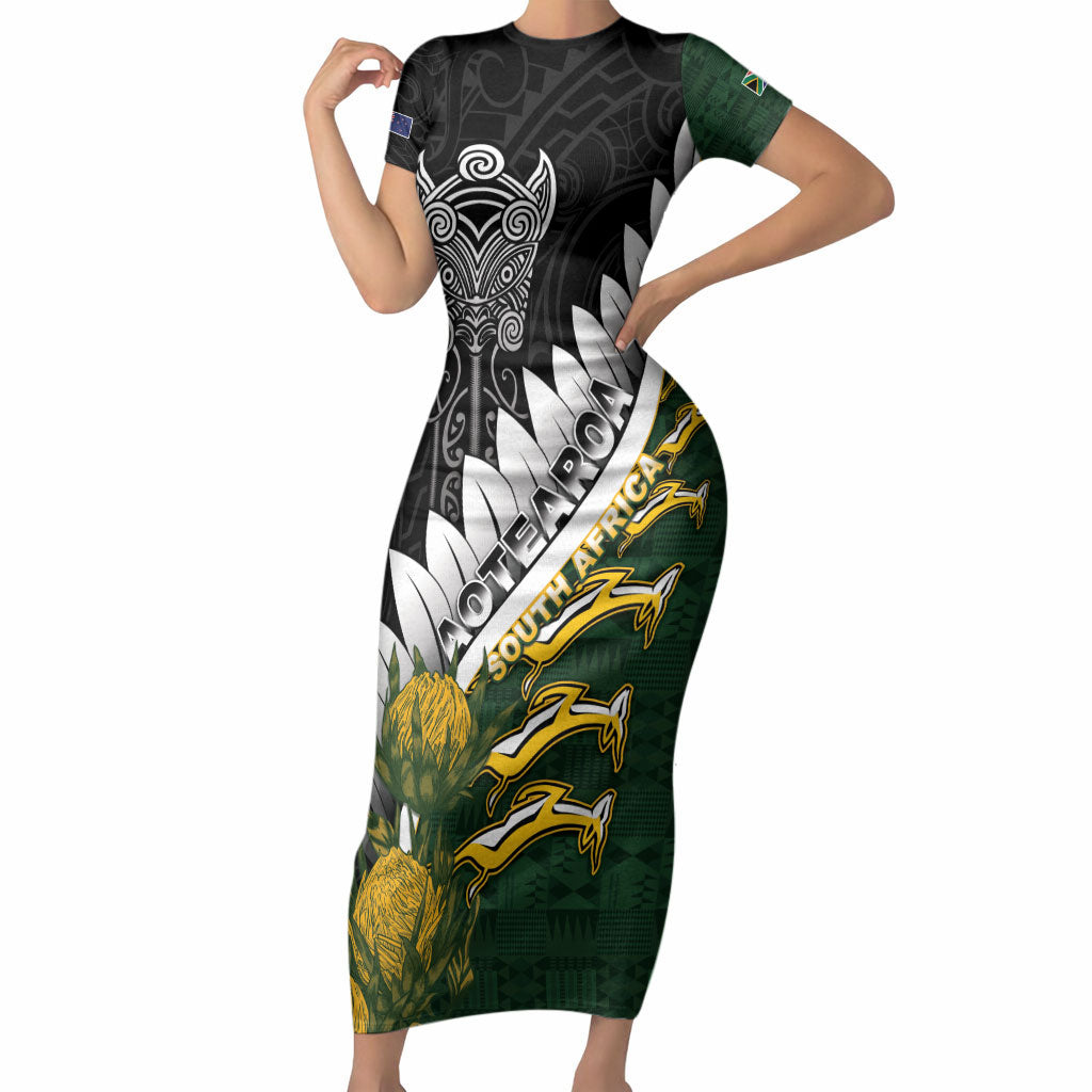Custom Rugby New Zealand And South Africa Short Sleeve Bodycon Dress Silver Fern With Springboks