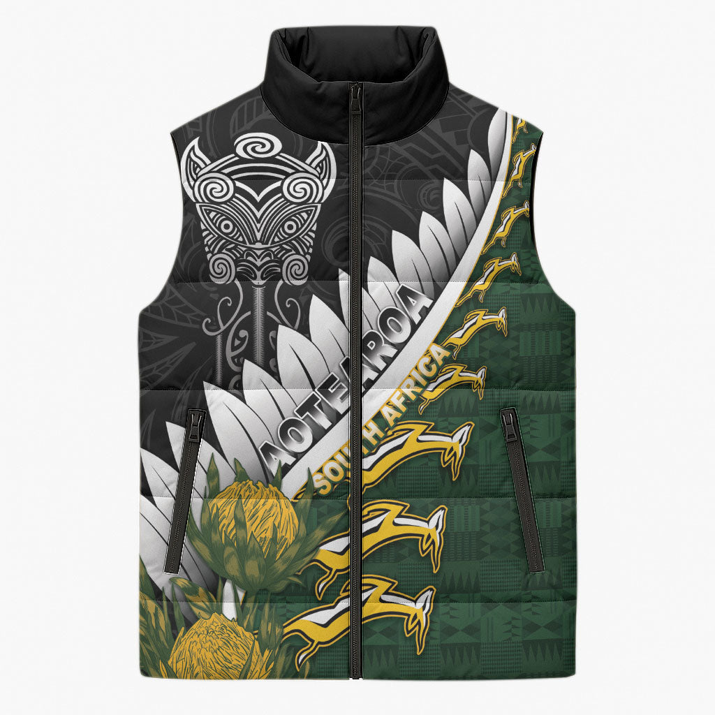 Custom Rugby New Zealand And South Africa Sleeveless Puffer Jacket Silver Fern With Springboks LT05 Unisex Black - Polynesian Pride