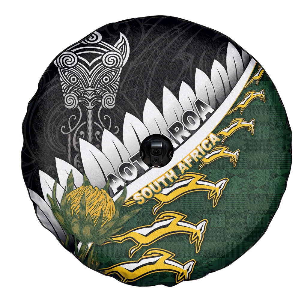 Rugby New Zealand And South Africa Spare Tire Cover Silver Fern With Springboks LT05 - Polynesian Pride