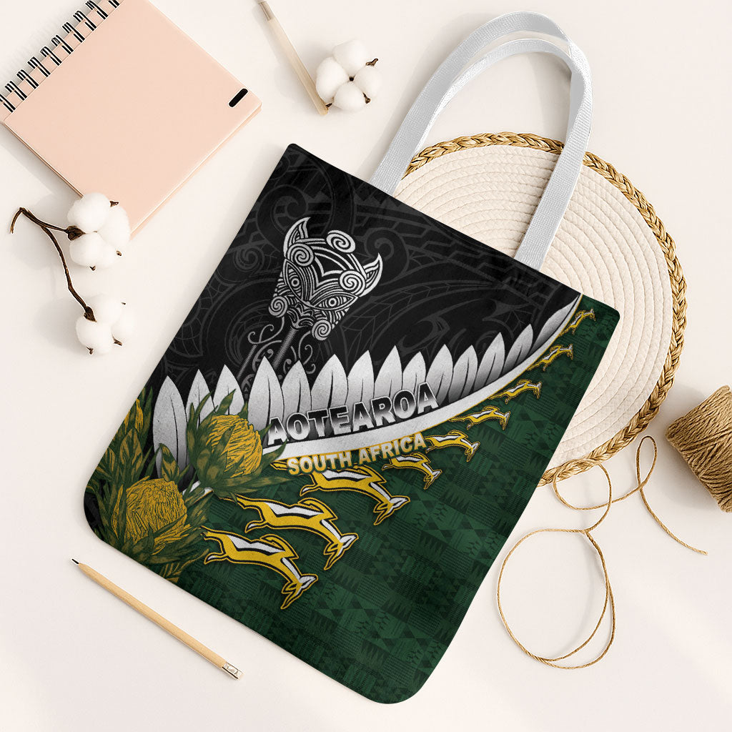 Rugby New Zealand And South Africa Tote Bag Silver Fern With Springboks LT05 White Strap One Size Black - Polynesian Pride