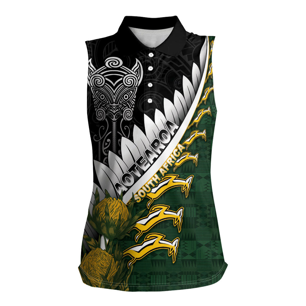 Custom Rugby New Zealand And South Africa Women Sleeveless Polo Shirt Silver Fern With Springboks