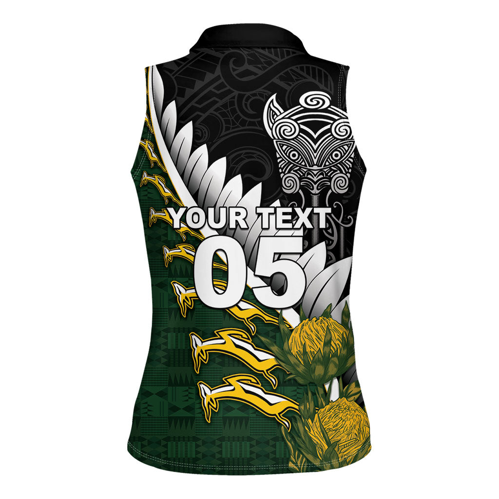 Custom Rugby New Zealand And South Africa Women Sleeveless Polo Shirt Silver Fern With Springboks