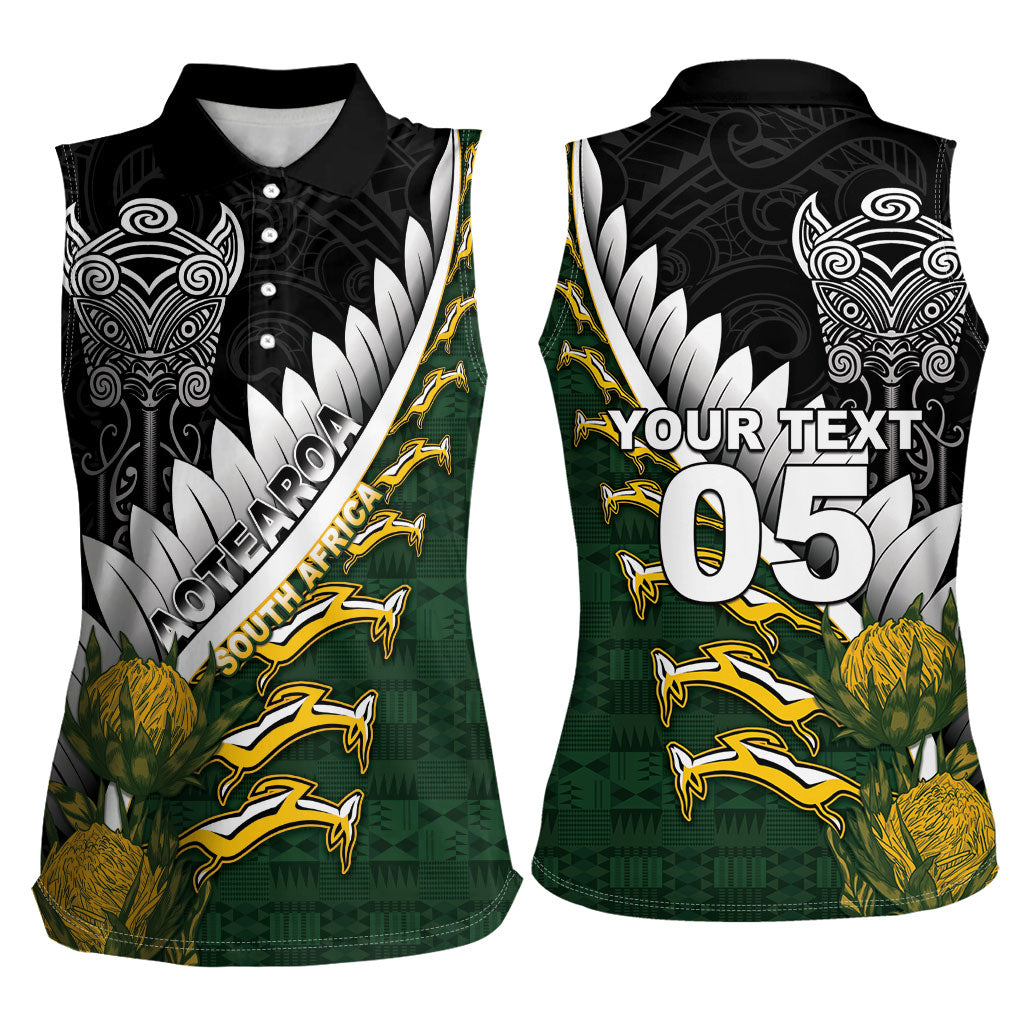 Custom Rugby New Zealand And South Africa Women Sleeveless Polo Shirt Silver Fern With Springboks