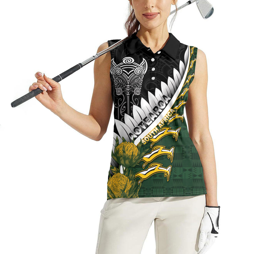 Custom Rugby New Zealand And South Africa Women Sleeveless Polo Shirt Silver Fern With Springboks