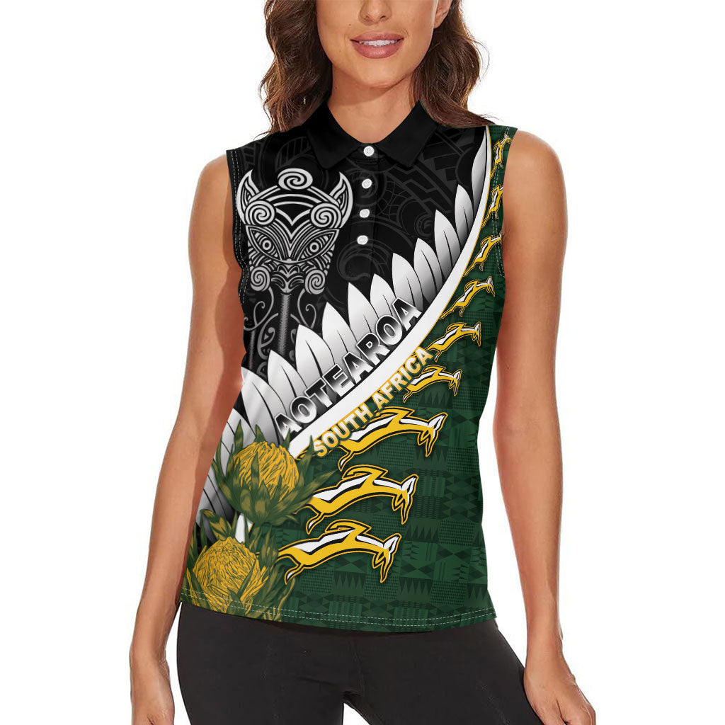 Custom Rugby New Zealand And South Africa Women Sleeveless Polo Shirt Silver Fern With Springboks