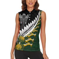 Custom Rugby New Zealand And South Africa Women Sleeveless Polo Shirt Silver Fern With Springboks