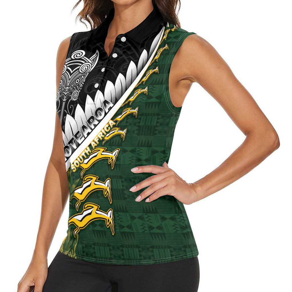 Custom Rugby New Zealand And South Africa Women Sleeveless Polo Shirt Silver Fern With Springboks