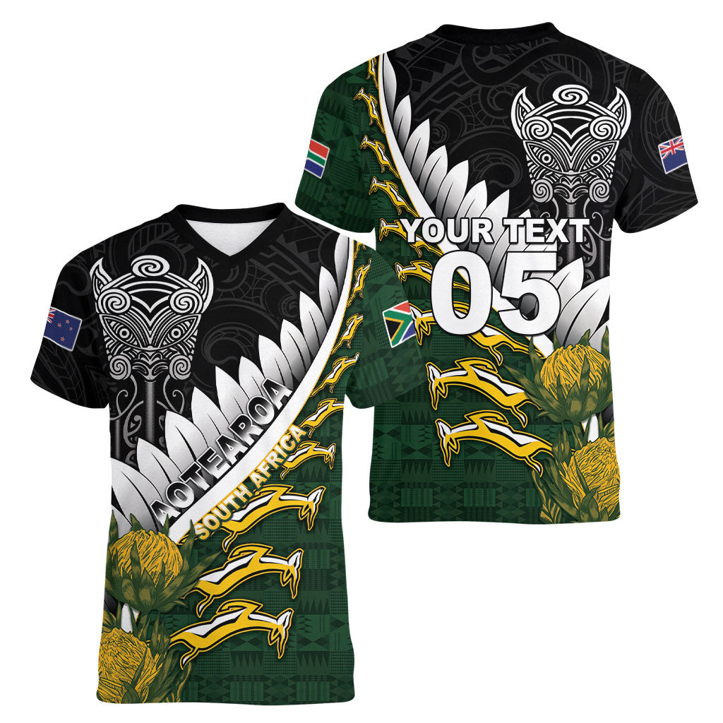 Custom Rugby New Zealand And South Africa Women V-Neck T-Shirt Silver Fern With Springboks