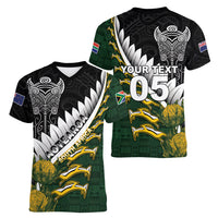 Custom Rugby New Zealand And South Africa Women V-Neck T-Shirt Silver Fern With Springboks
