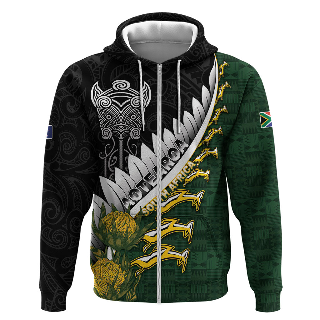 Custom Rugby New Zealand And South Africa Zip Hoodie Silver Fern With Springboks