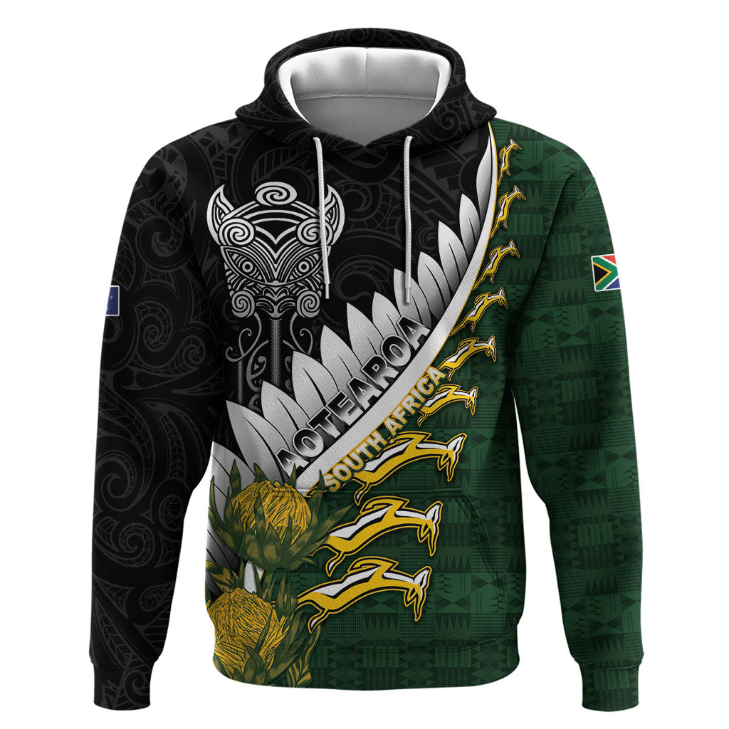 Custom Rugby New Zealand And South Africa Zip Hoodie Silver Fern With Springboks