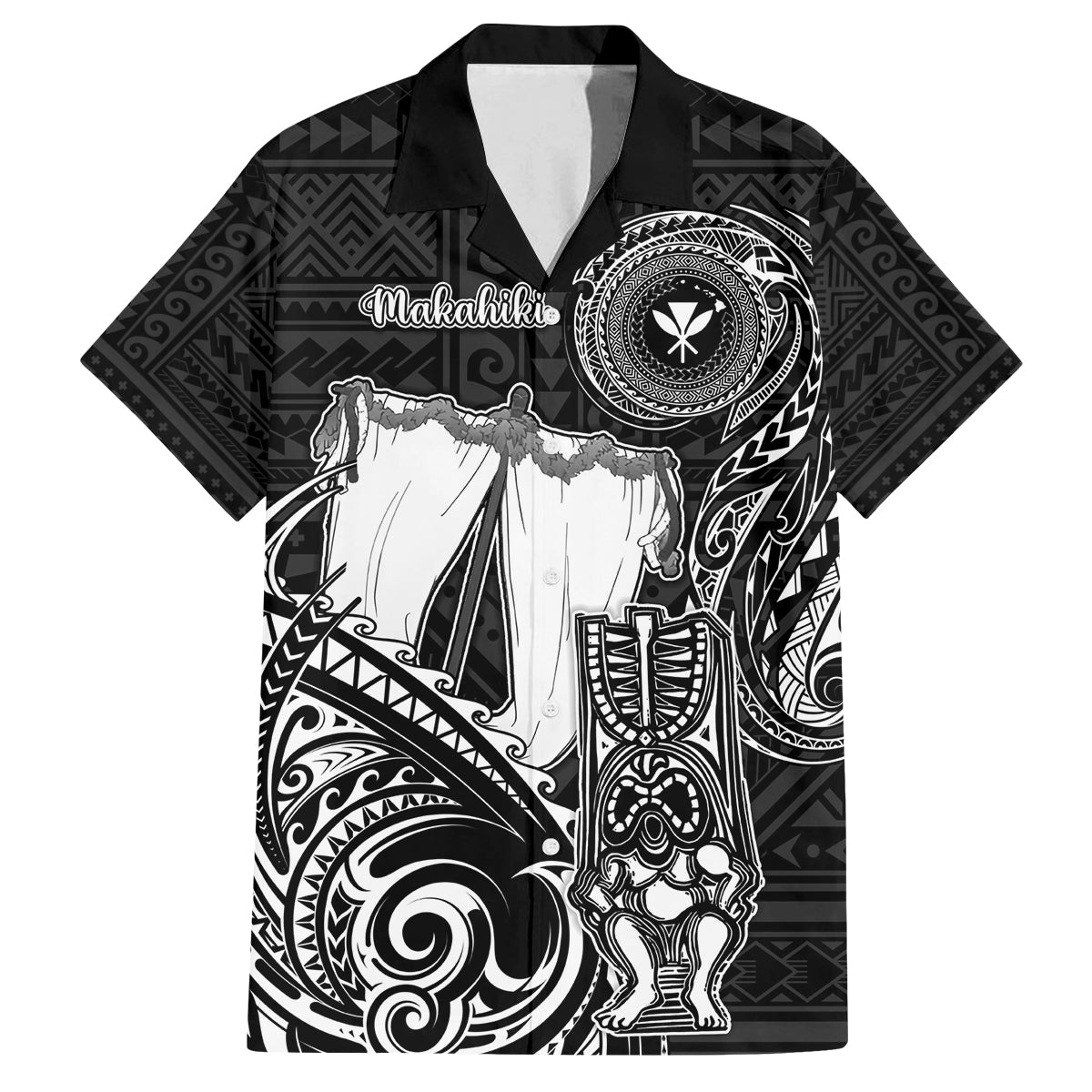Personalized Hawaii Makahiki Season Family Matching Tank Maxi Dress and Hawaiian Shirt Akua Loa Polynesian Pattern LT05 Dad's Shirt - Short Sleeve Black - Polynesian Pride