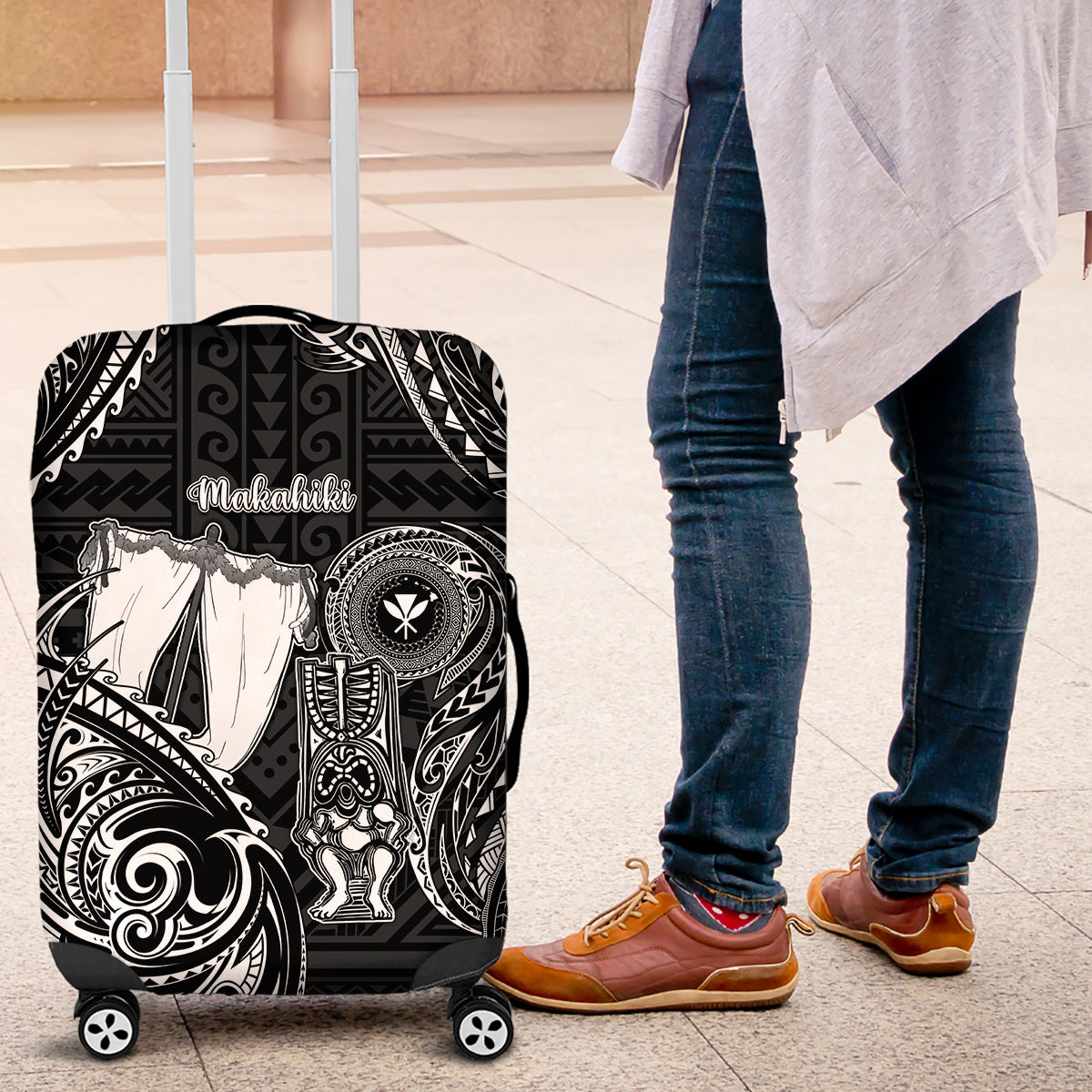 Hawaii Makahiki Season Luggage Cover Akua Loa Polynesian Pattern LT05 Black - Polynesian Pride