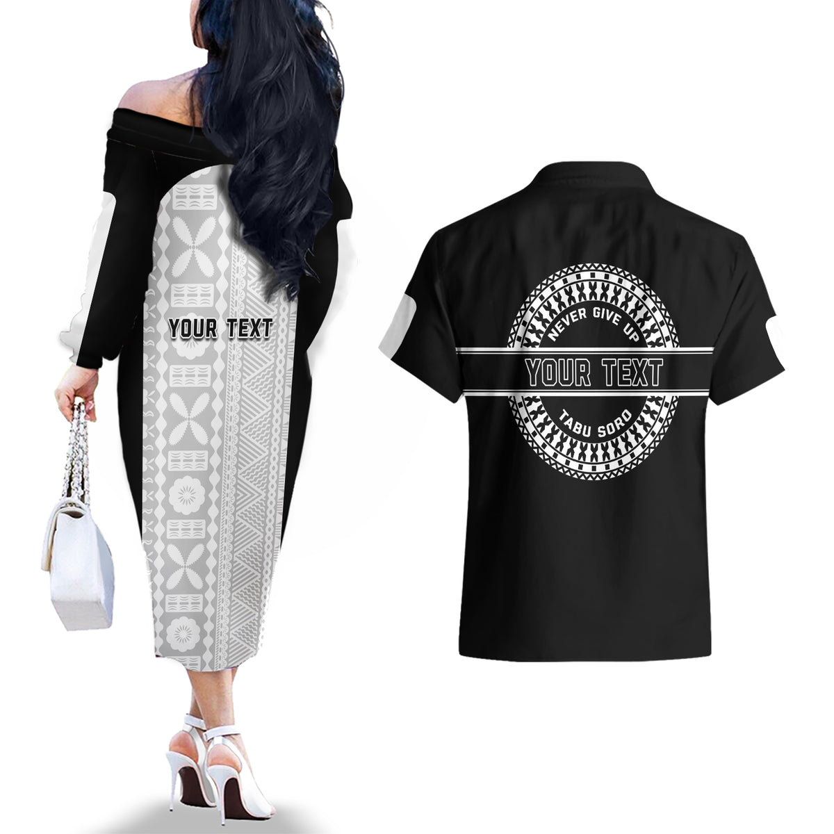 Personalized Fiji Obstacle Race 2023 Couples Matching Off The Shoulder Long Sleeve Dress and Hawaiian Shirt Never Give Up LT05 - Polynesian Pride