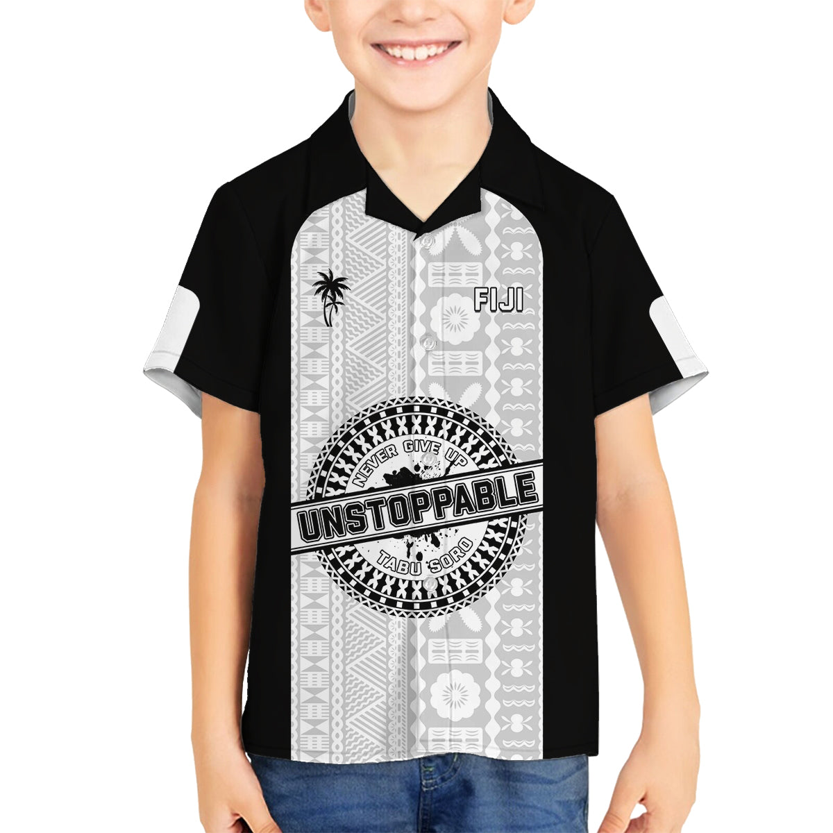 Personalized Fiji Obstacle Race 2023 Family Matching Off Shoulder Maxi Dress and Hawaiian Shirt Never Give Up LT05 Son's Shirt Black - Polynesian Pride