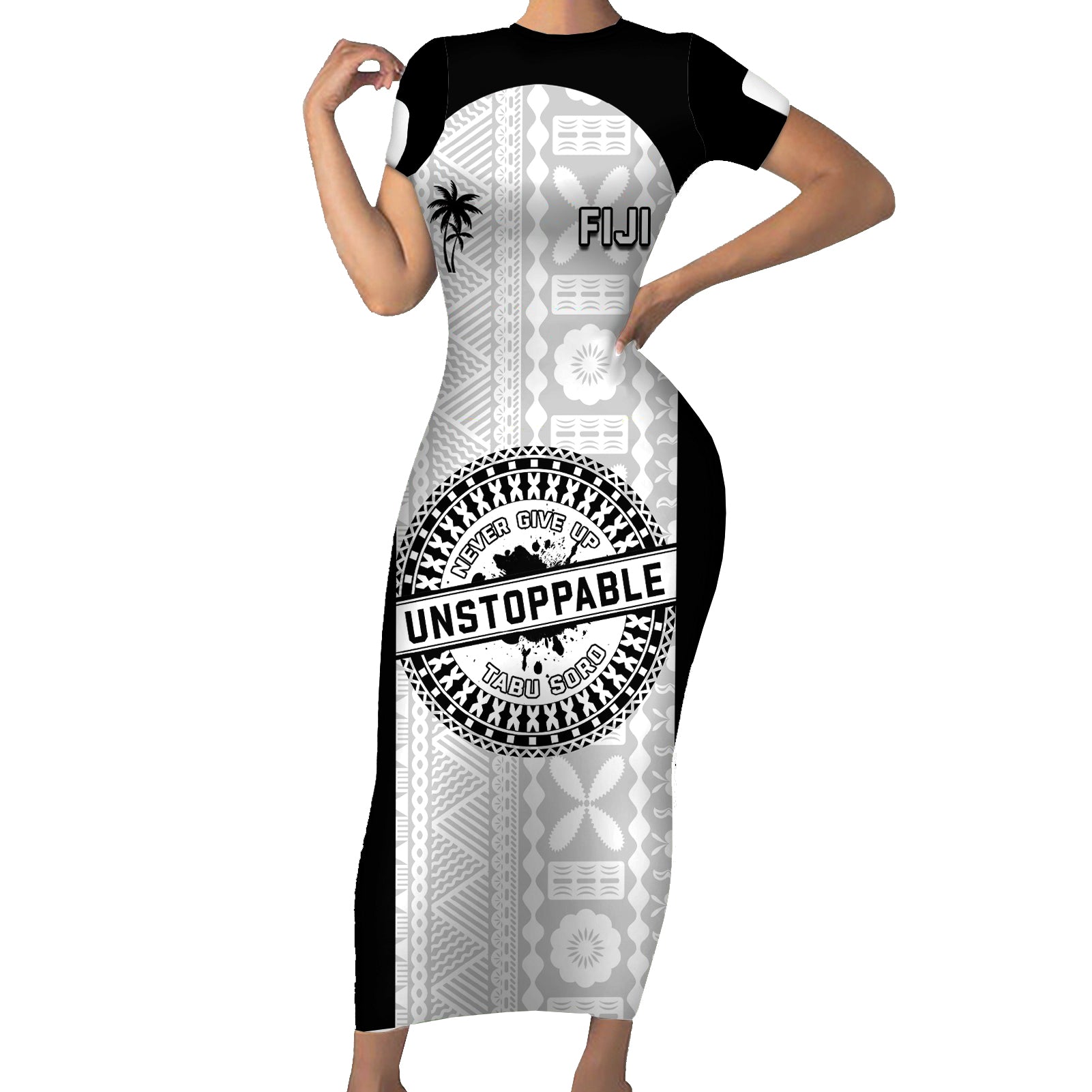 Personalized Fiji Obstacle Race 2023 Short Sleeve Bodycon Dress Never Give Up LT05 Long Dress Black - Polynesian Pride