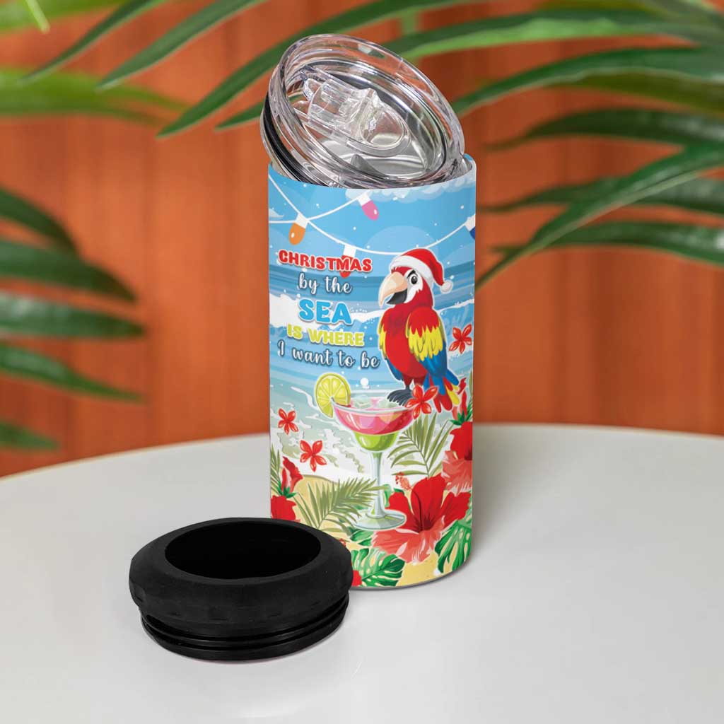 Hawaii Christmas 4 in 1 Can Cooler Tumbler Funny Macaw Parrot Tropical Vibe