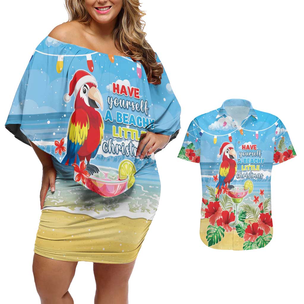 Hawaii Christmas Couples Matching Off Shoulder Short Dress and Hawaiian Shirt Funny Macaw Parrot Tropical Vibe