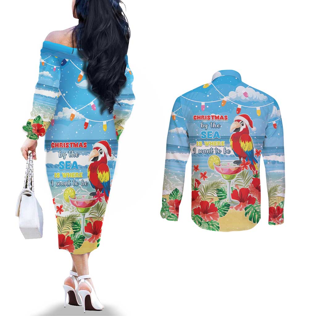 Hawaii Christmas Couples Matching Off The Shoulder Long Sleeve Dress and Long Sleeve Button Shirt Funny Macaw Parrot Tropical Vibe