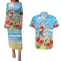 Hawaii Christmas Couples Matching Puletasi and Hawaiian Shirt Funny Macaw Parrot Tropical Vibe