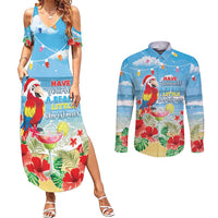 Hawaii Christmas Couples Matching Summer Maxi Dress and Long Sleeve Button Shirt Funny Macaw Parrot Tropical Vibe