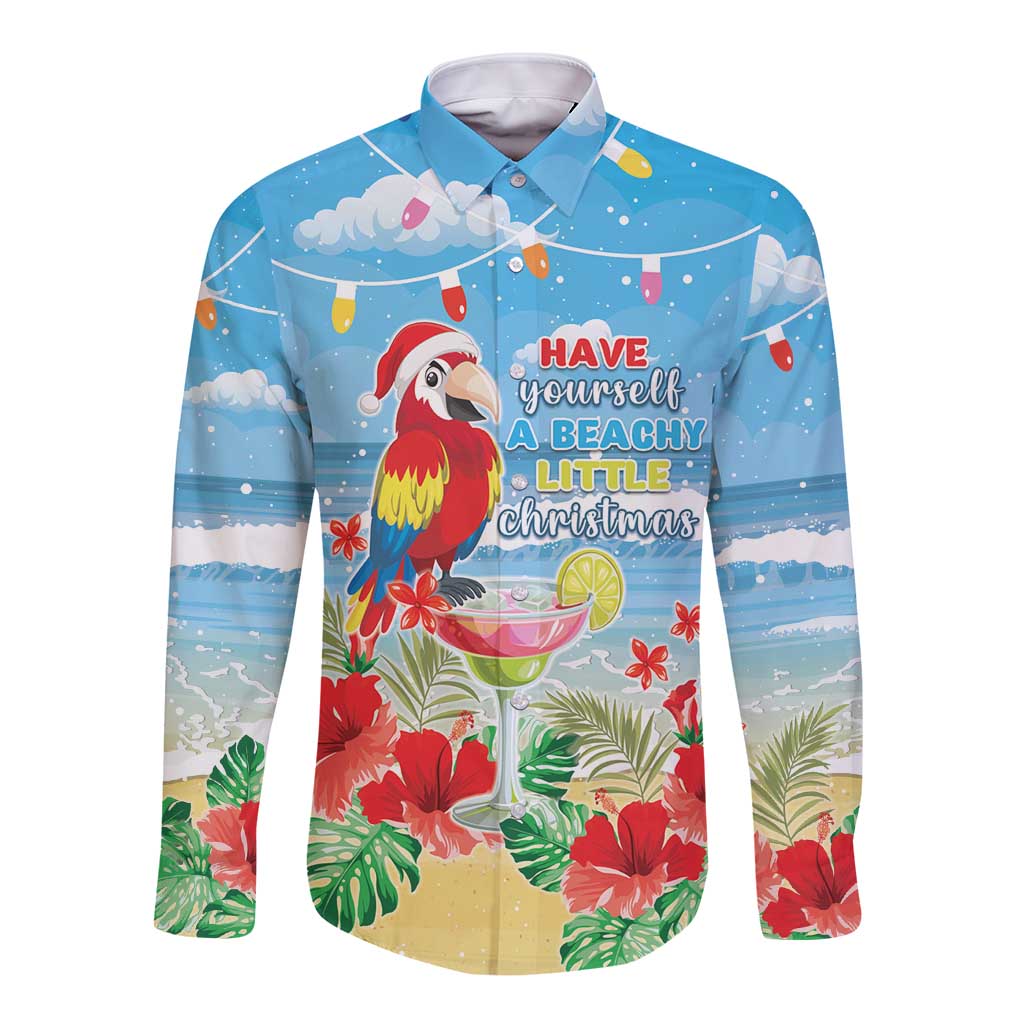 Hawaii Christmas Long Sleeve Button Shirt Funny Macaw Parrot Tropical Vibe