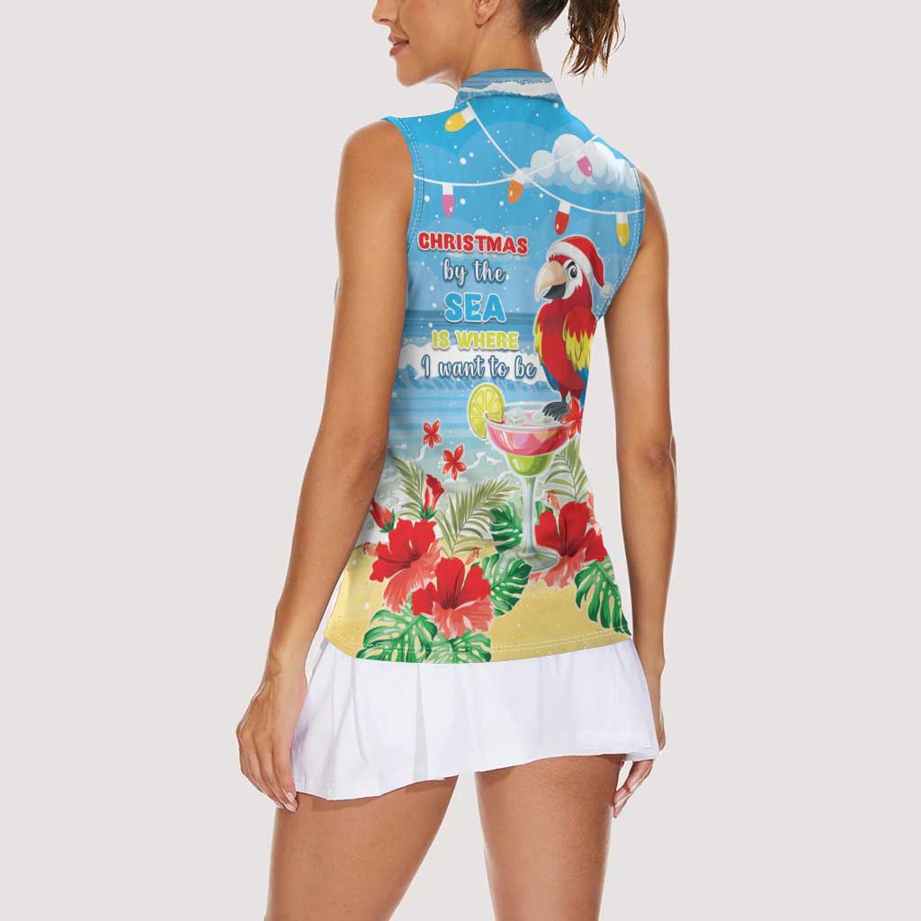 Hawaii Christmas Women Sleeveless Polo Shirt Funny Macaw Parrot Tropical Vibe