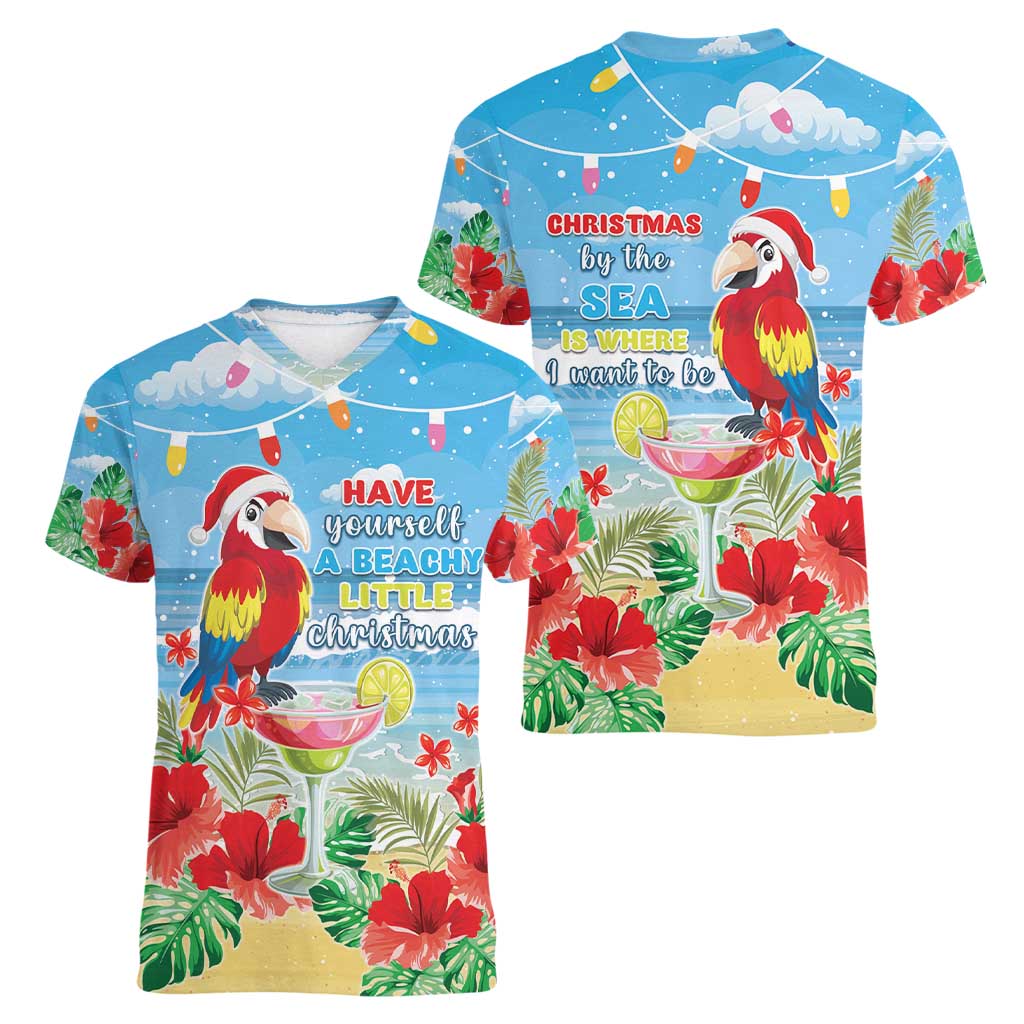 Hawaii Christmas Women V-Neck T-Shirt Funny Macaw Parrot Tropical Vibe