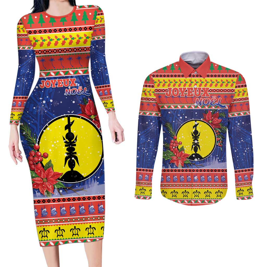 New Caledonia Christmas Couples Matching Long Sleeve Bodycon Dress and Long Sleeve Button Shirt Kanaky Poinsettia Joyeux Noel