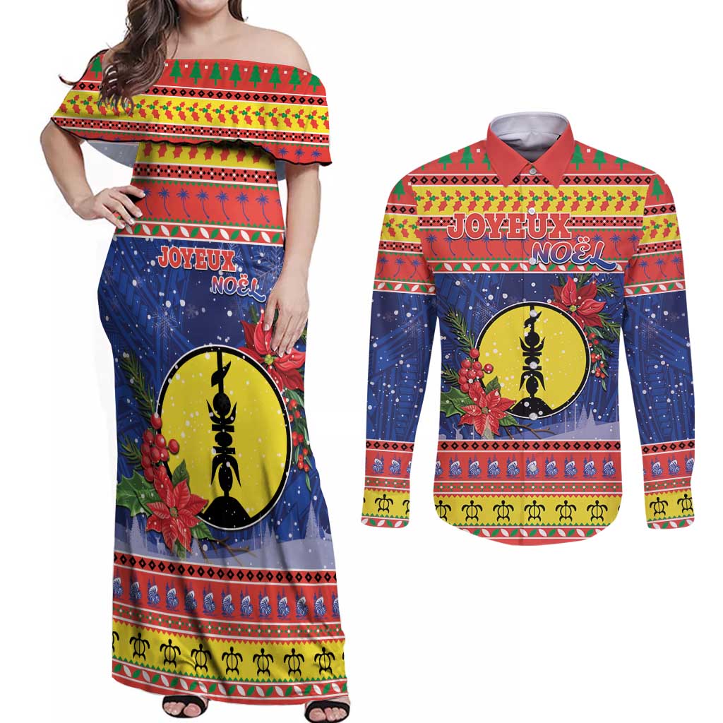 New Caledonia Christmas Couples Matching Off Shoulder Maxi Dress and Long Sleeve Button Shirt Kanaky Poinsettia Joyeux Noel