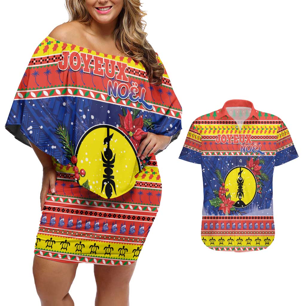 New Caledonia Christmas Couples Matching Off Shoulder Short Dress and Hawaiian Shirt Kanaky Poinsettia Joyeux Noel