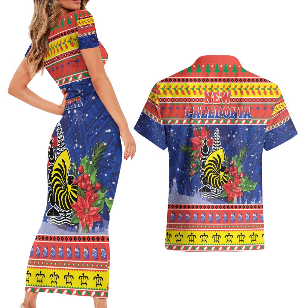 New Caledonia Christmas Couples Matching Short Sleeve Bodycon Dress and Hawaiian Shirt Kanaky Poinsettia Joyeux Noel
