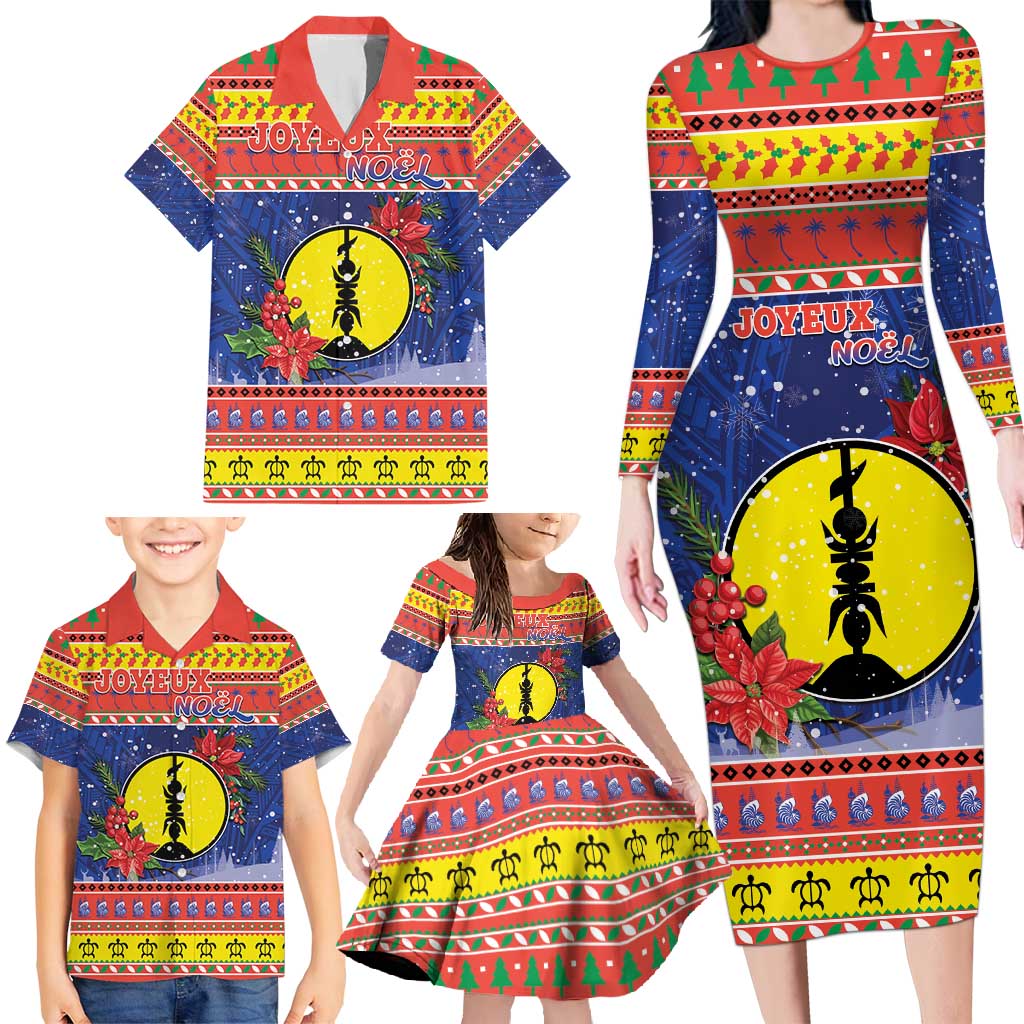 New Caledonia Christmas Family Matching Long Sleeve Bodycon Dress and Hawaiian Shirt Kanaky Poinsettia Joyeux Noel