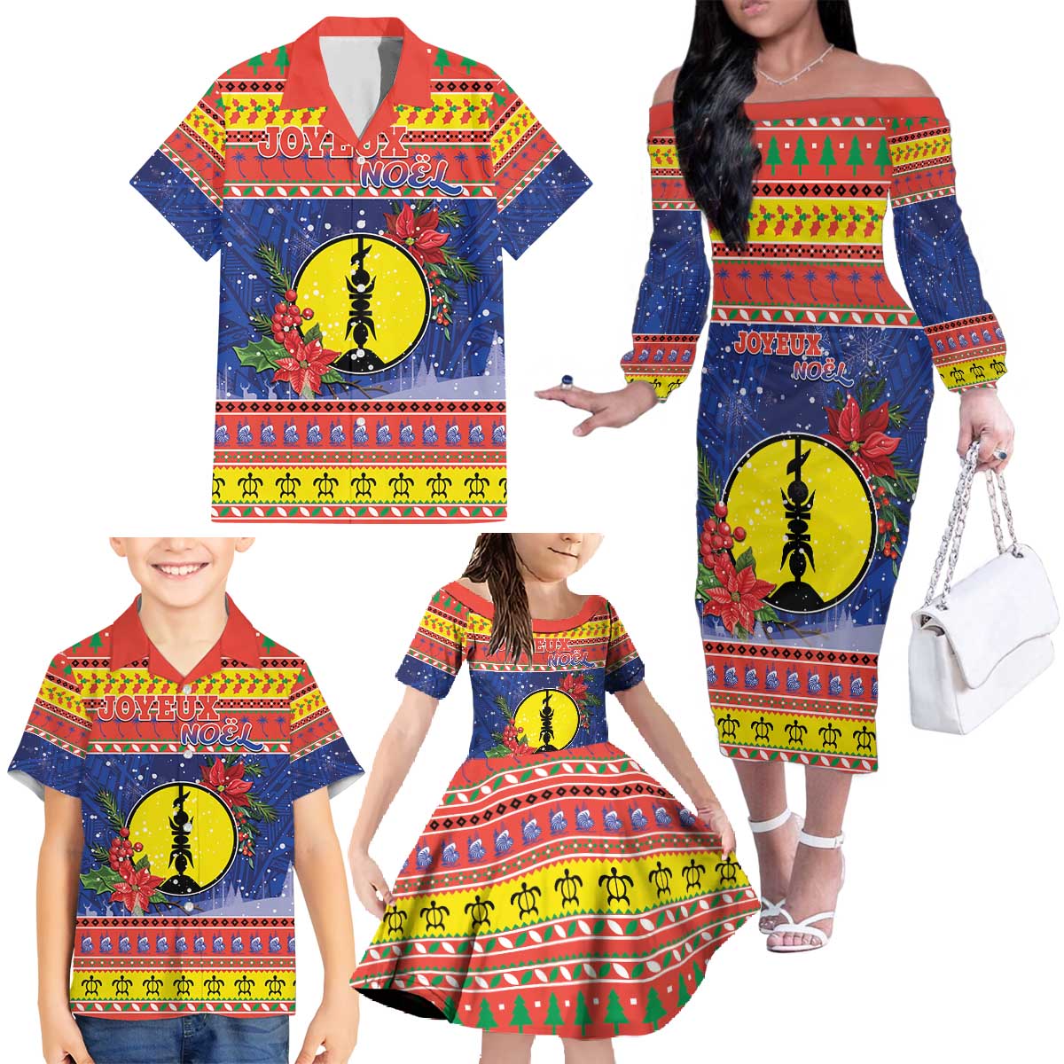 New Caledonia Christmas Family Matching Off The Shoulder Long Sleeve Dress and Hawaiian Shirt Kanaky Poinsettia Joyeux Noel