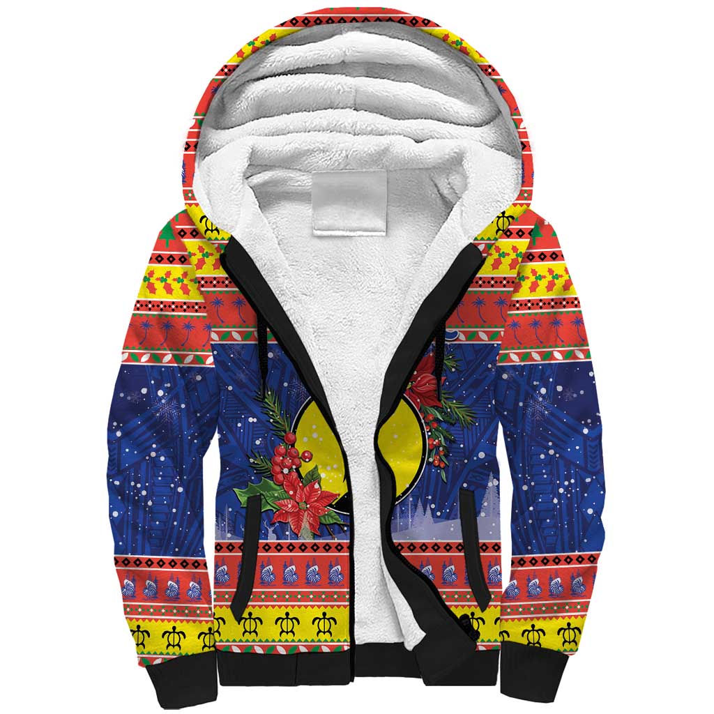 New Caledonia Christmas Sherpa Hoodie Kanaky Poinsettia Joyeux Noel