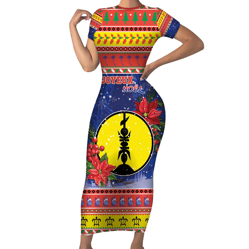 New Caledonia Christmas Short Sleeve Bodycon Dress Kanaky Poinsettia Joyeux Noel