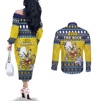 Niue The Rock Christmas Couples Matching Off The Shoulder Long Sleeve Dress and Long Sleeve Button Shirt Niuean Crab Monuina E Kilisimasi