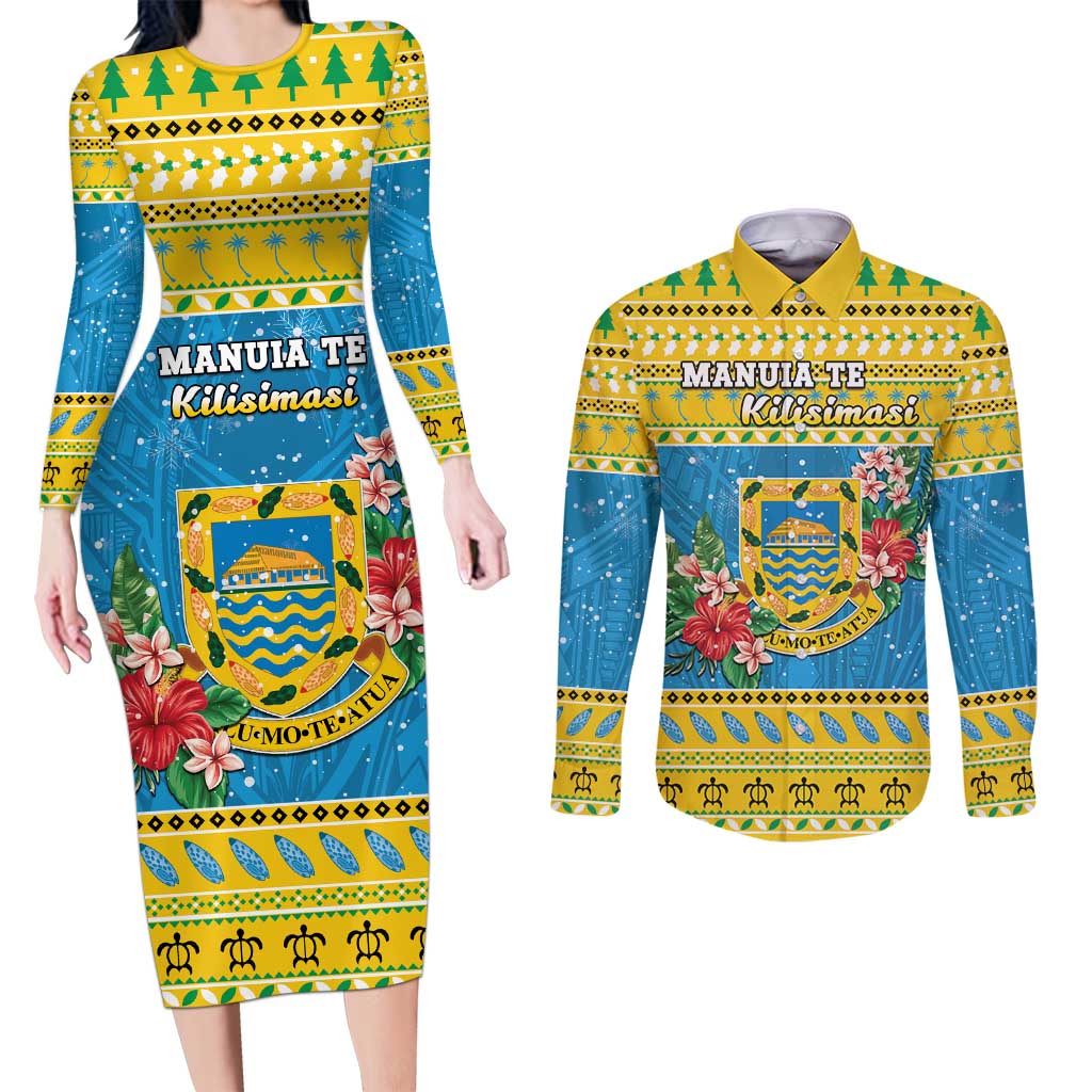 Tuvalu Christmas Couples Matching Long Sleeve Bodycon Dress and Long Sleeve Button Shirt Coat Of Arms Manuia Te Kilisimasi