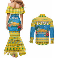 Tuvalu Christmas Couples Matching Mermaid Dress and Long Sleeve Button Shirt Coat Of Arms Manuia Te Kilisimasi