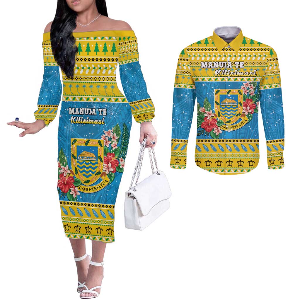 Tuvalu Christmas Couples Matching Off The Shoulder Long Sleeve Dress and Long Sleeve Button Shirt Coat Of Arms Manuia Te Kilisimasi